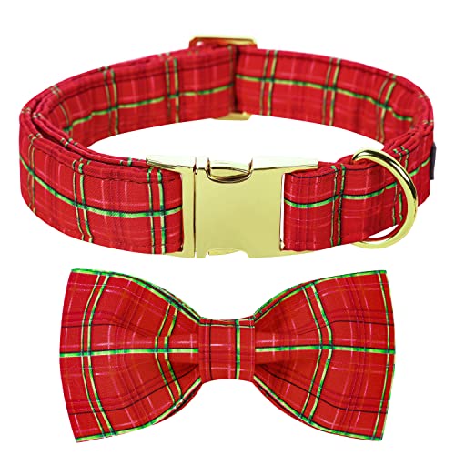 MACA Bates Weihnachts-Hundehalsband mit Fliege und Blumenband, Hundehalstuch für kleine, Elch-Weihnachtsbaum-Winter-Hundehalsband mit verstellbarer Metallschnalle (XL, rote Gitterschleife) von M MACA BATES