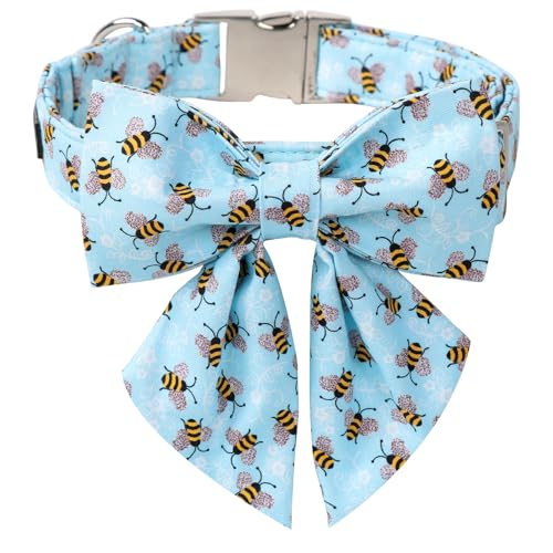 Maca Bates Blue Bee Hundehalsband mit Fliege, Fliege für Hunde, Matrosenfliege, verstellbar, niedliches Halsband, Zubehör, Geschenk für kleine, mittelgroße und große Welpen, mit goldener von M MACA BATES