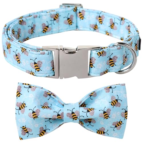 Maca Bates Blue Bee Hundehalsband mit Fliege, Fliege für Hunde, verstellbare Breakaway-Halsbänder, Zubehör, Geburtstagsgeschenk für kleine, mittelgroße und große Welpen, mit goldener Metallschnalle von M MACA BATES