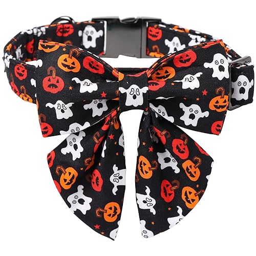 Maca Bates Halloween-Hundehalsband, gruseliges Geister-Hundehalsband mit Schleife, schwarz-weiß, Welpenhalsband mit Fliege, verstellbar, Geburtstagsgeschenk für XS, S, M, L, XL, Mädchen, Jungen, von M MACA BATES