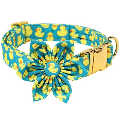 Maca Bates Hundehalsband mit Blumenmotiv, grüne Ente mit Blumen für Hunde, verstellbare Breakaway-Halsbänder, Zubehör, Geschenk für kleine, mittelgroße und große Hunde, mit goldener Metallschnalle von M MACA BATES