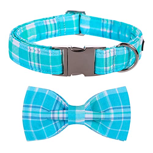 Maca Bates Hundehalsband mit Fliege, verstellbare Schleifen für Welpen, Hunde mit Metallschnalle, mittelgroße oder große Jungen und Mädchen Hund und Katze (XL, Wathet Blue Grid) von M MACA BATES