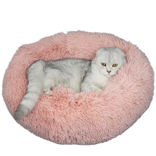 M&Catree Donutbett für Hunde und Katzen, Flauschiges Hundebett rund, Hundekissen weiches Katzenbett aus kuscheligem Plüsch - Leder Rosa, Φ: 50cm von M&Catree