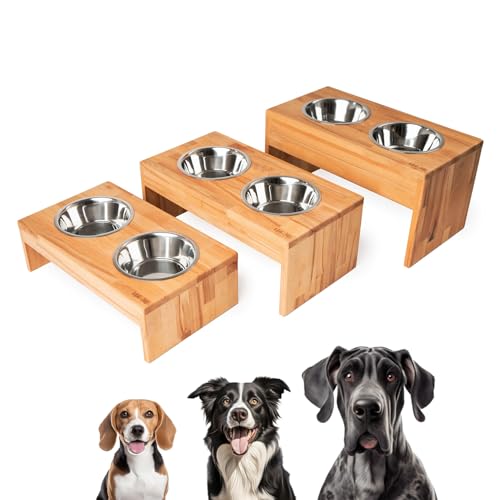 MA-NU Futterstation für Hunde mit zwei Näpfen aus Edelstahl (1,5 L) und einem Echtholz-Napfständer (Massives Buchenholz, geölt) (L) von MA-NU
