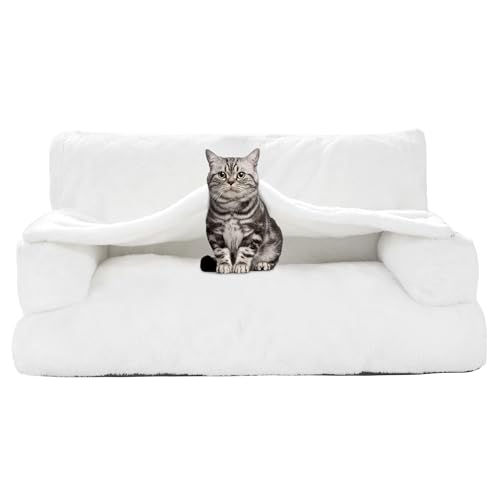 MABOZOO Großes Katzen-Couchbett mit abnehmbarer Decke, flauschiges Katzenbett mit Kapuze zur Beruhigung von Katzen, rutschfeste Unterseite, maschinenwaschbar, Katzensofa für Katzen und Hunde von MABOZOO