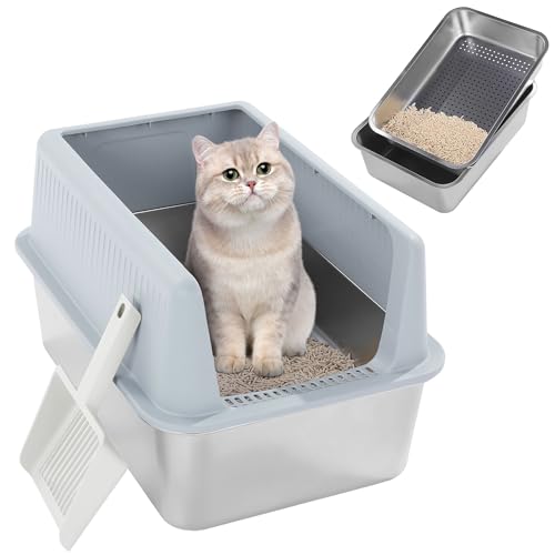 MABOZOO Katzentoilette, 50 x 34,8 x 30,5 cm, Edelstahl-Siebtoilette für Kieferpellets, Katzentoilette, mit Schaufel, Anti-Auslaufen, Geruchskontrolle, leicht zu reinigen, Katzenzubehör von MABOZOO