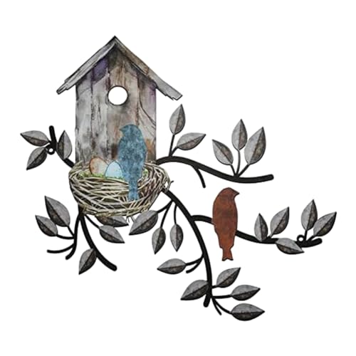 MABSSI Vögel-Wanddekoration, Metall-Vogeldekoration für die Wand, Outdoor-Wandkunst, Hängender Metallbaum mit Vogelhaus für Wohnzimmer, 30 X 27 cm von MABSSI