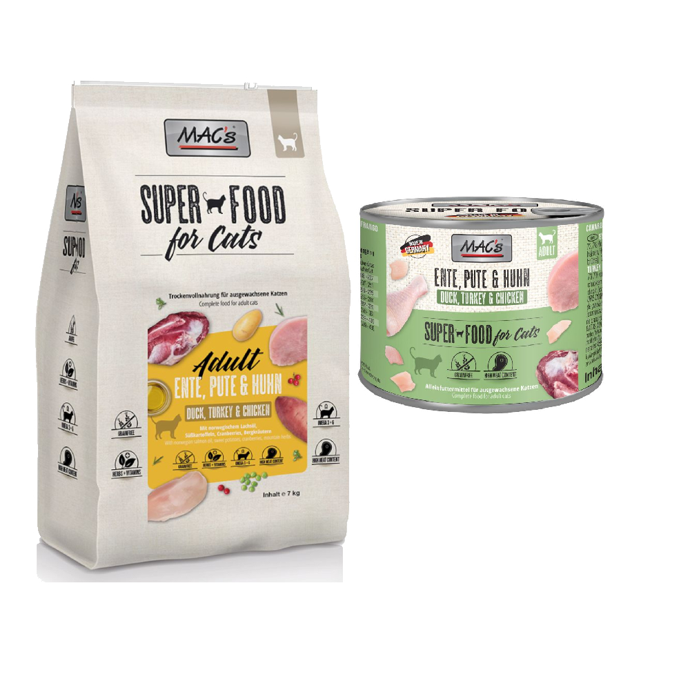 MAC´s Kombi-Paket: 12 x 200g Nassfutter + 2 x 1,5 kg Superfood Trockenfutter  - 12 x 200 g Ente, Pute, Huhn + 2 x 1,5 kg Adult Ente, Pute & Huhn von MAC's