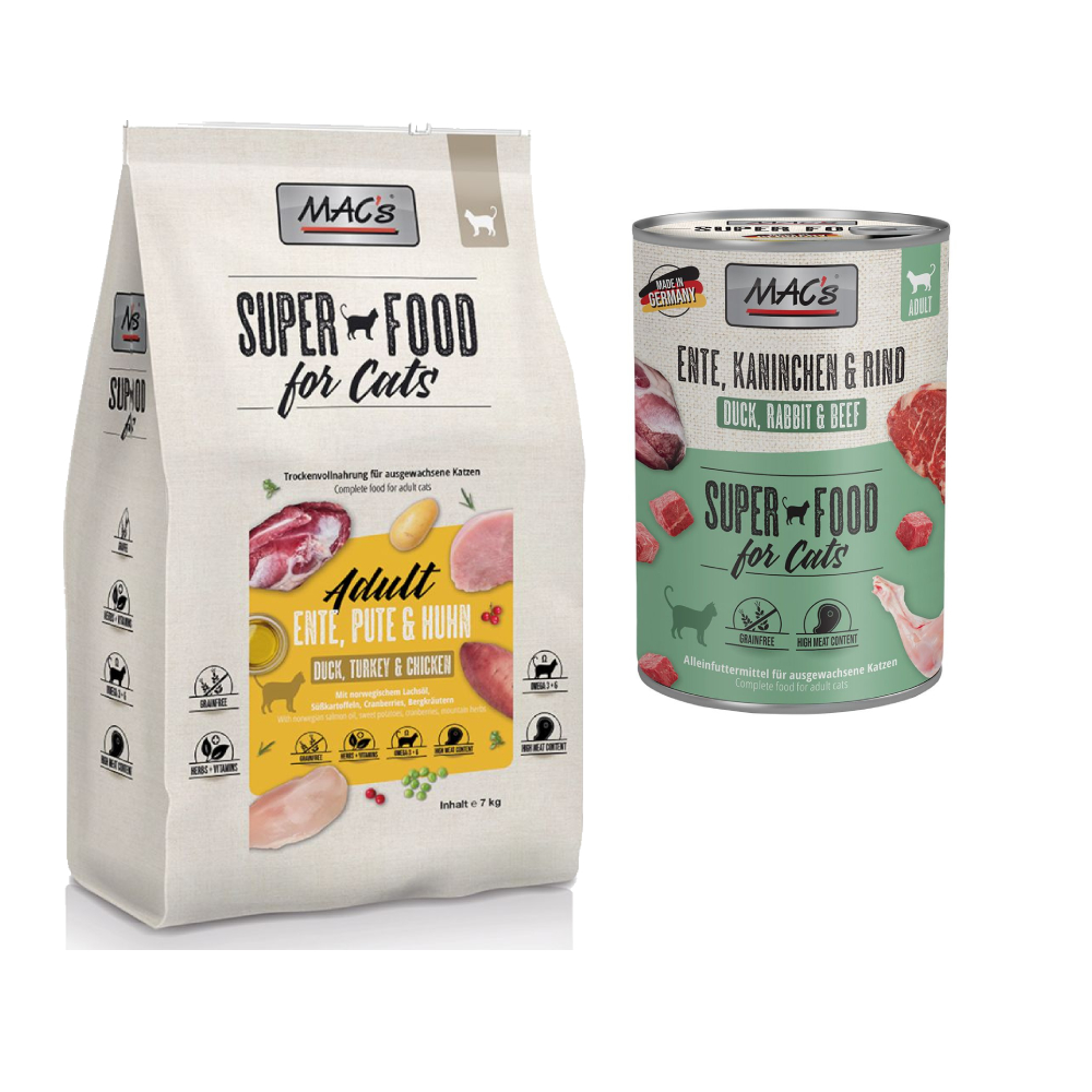 MAC´s Kombi-Paket: 12 x 400 g Nassfutter + 2 x 1,5 kg Superfood Trockenfutter   - 12 x 400 g Ente, Kaninchen, Rind + 2 x 1,5 kg Adult Ente, Pute & Huhn von MAC's