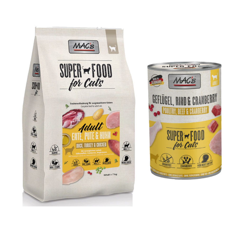 MAC´s Kombi-Paket: 12 x 400 g Nassfutter + 2 x 1,5 kg Superfood Trockenfutter   - 12 x 400 g Geflügel, Rind & Cranberry + 2 x 1,5 kg Adult Ente, Pute & Huhn von MAC's