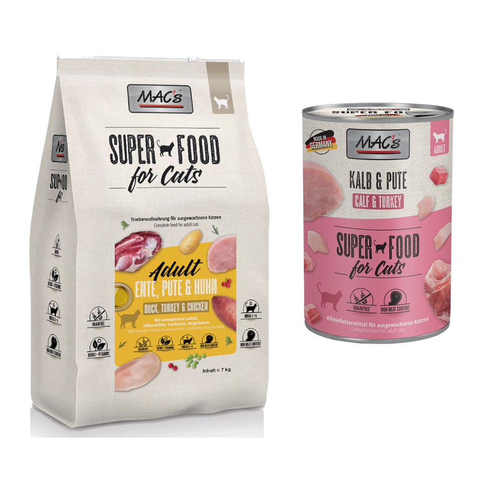 MAC´s Kombi-Paket: 12 x 400 g Nassfutter + 2 x 1,5 kg Superfood Trockenfutter   - 12 x 400 g Kalb & Pute + 2 x 1,5 kg Adult Ente, Pute & Huhn von MAC's