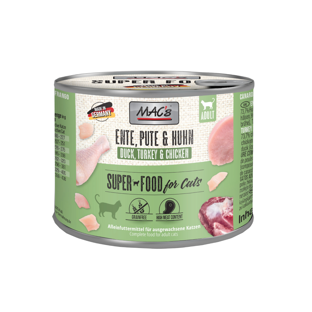 Sparpaket MAC´s Cat 24 x 200 g - Mixpaket (Geflügel, Rind & Cranberry / Ente, Pute, Huhn) von MAC's
