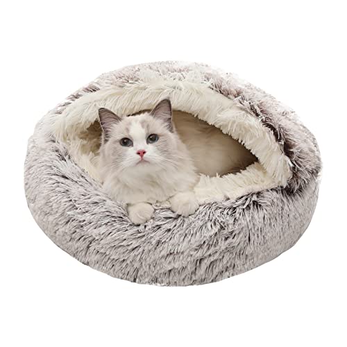 MADDEMCUTE Beruhigendes Hundebett für kleine, mittelgroße und große Hunde, rund, waschbar, rutschfest, Kunstfell, flauschig, Donut-Kuschelbett, Angstzustände, Größe M (61 x 61 cm), Kaffee von MADDEMCUTE