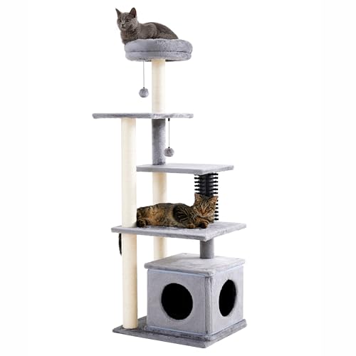 Made4Pets Katzenbaum, 110 cm hoher Katzenturm für Indoor-Katzen, mehrstufige große Katzenhütte mit Kratzbäumen und Pompons, Plüsch-Kätzchen-Kletterturm mit Katzenpflegebürste und Sitzstange, Grau von MADE 4 PETS