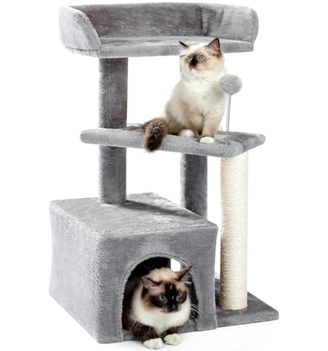 Made4Pets Katzenbaum, Teppich-Katzenturm, Grau für Indoor-Katzen, niedliches Holz-Kitty-Condo mit Kratzbaum und Pad, 73,7 cm, mehrstufig, modernes Aktivitäts-Klettermöbel für kleine und mittelgroße von MADE 4 PETS