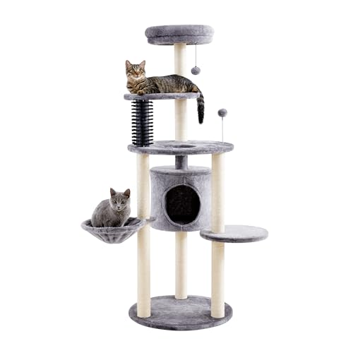 Made4Pets Katzenbaum für Indoor-Katzen, 152,9 cm großer Katzenturm mit weicher Hängematte, 5-stufiger hoher Katzenhütte, Sisal-Kratzstämme, Pompons, Teppichüberzug, Klettermöbel für kleine Katzen und von MADE 4 PETS