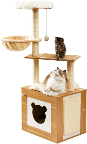 Made4Pets Katzenbaum mit Katzenklo-Gehäuse, 2-in-1 moderner Katzenturm für Indoor-Katzen, 123,4 cm Holz Kitten Condo mit Kratzbaum und Hängematte, abnehmbare Kratzmatte für große Katzen von MADE 4 PETS