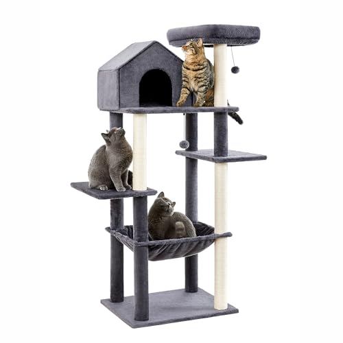 Made4Pets Katzenturm für Indoor-Katzen, mehrstöckiger Katzenbaum mit Plüsch-Hängematte, gemütliches Katzenhaus, Kratzstämme, Sitzstange oben und 2 hängende Bälle, 152,4 cm von MADE 4 PETS