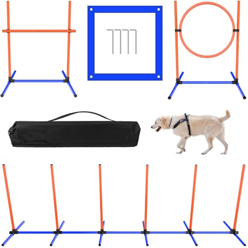 MAICOBI Agility-Trainingsgeräte für Haustiere, 4-teilig, mit Tragetasche, 83 cm Sprungstange, 58,4 cm Reifen, Webstangen, Pausenbox von MAICOBI