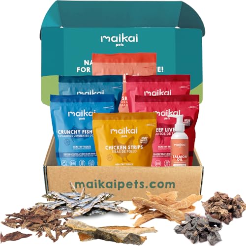 MAIKAI Packung mit 100 % natürlichen Snacks für Hunde und Katzen + Lachsöl (250 ml) – 6 getrocknete Snacks auf Basis von Fisch, Hühnchen und Rind, für Hunde und Katzen, Welpen und ältere Menschen, von MAIKAI