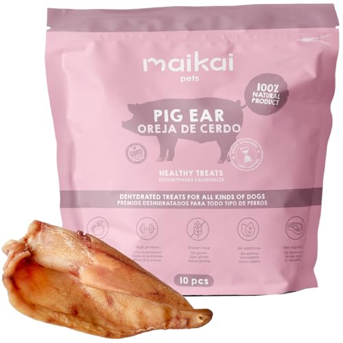 MAIKAI Schweineohren für Hunde im 10er Pack - Hundefutter - 100% Natürliche Hundesnacks - Alternativer Kauartikel zu Knochen Getrocknete Schweineohren für Hunde - Hundeleckerli von MAIKAI