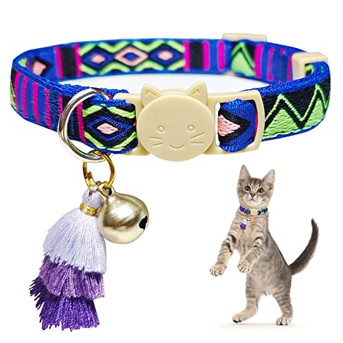 Katzenhalsband, verstellbar, mit Sicherheitsverschluss, weiches Gurtband, Geometrie-Muster, Sicherheitskätzchenhalsband mit Glockenquaste für Katzen, Kätzchen, 20,3–33 cm (Violett) von MAIYU