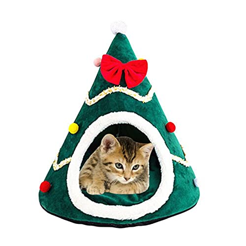 MAKAFDGAS Weihnachts-Katzenbett, 38,1 x 38,1 cm, baumförmige Höhle, Haustierbett, dreieckiges Zelt, Katzennest, Komfort, PP-Baumwolle, Weihnachts-Katzen-Tipi-Haus Atmosphere von MAKAFDGAS