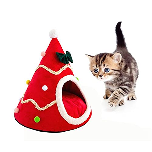 MAKAFDGAS Weihnachts-Katzenbett, 38,1 x 38,1 cm, baumförmige Höhle, Haustierbett, dreieckiges Zelt, Katzennest, Komfort, PP-Baumwolle, Weihnachts-Katzen-Tipi-Haus Atmosphere von MAKAFDGAS