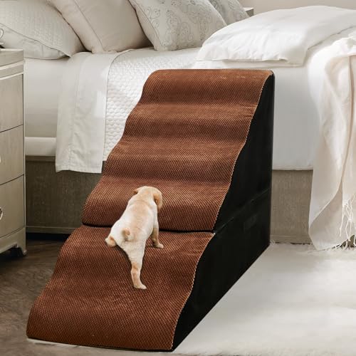 MALOROY Hundetreppe für hohe Betten, 76,2–91,4 cm hoch, 6-stufige Hundetreppe für hohe Betten, Klettern für Hunde/Kätzchen, gebogene Haustiertreppe für kleine/große/alte Hunde/Katzen, Braun von MALOROY