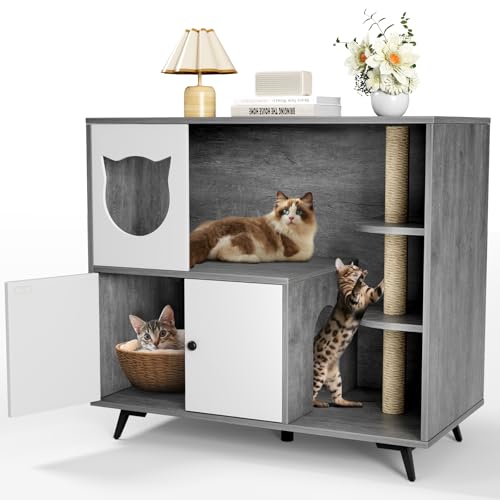 Katzenklo Schrank, Katzenschrank für Katzentoilette, 98x91x50CM, Katzentoilette Schrank mit Kratzbaum, Versteckt Katzenkloschrank mit Tür, Katzenhaus Katzenhöhle Tragfähigkeit 50 KG, Dunkelgrau von MAMIZO