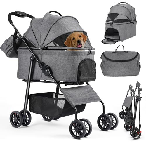 MAMIZO Hundewagen 3 in1,Hundebuggy Bis 30kg,4 Paar 360°Doppelräder,Hunde Wagen mit einer Umhängetasche geliefert，Hundewagen Klappbar für Kleine/Mittlere Hunde und Katzen,Haustiernest,Leinenstoff(Grau) von MAMIZO