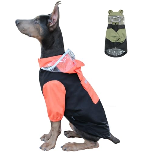 Hunde-Regenmantel mit Beinen und transparenter Kapuze, wasserdicht, reflektierend, atmungsaktiv und verstellbar, leichte Hunderegenjacke für kleine, mittelgroße und große Hunde (Orange und Schwarz, M) von MAMORE