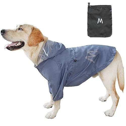 MAMORE Hunde-Regenmantel, Hundeponcho mit transparenter Kapuze und 2 Beinen, wasserdichte und verstellbare Hundejacke mit reflektierenden Streifen für kleine, mittelgroße und große Hunde (blaugrau, von MAMORE