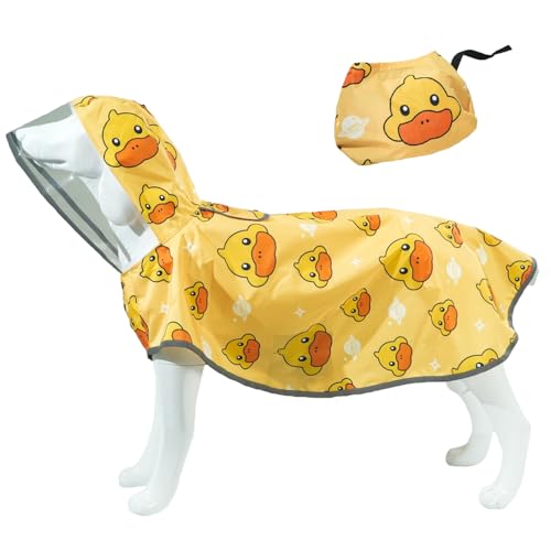 MAMORE Hunde Regenmantel, wasserdichte Regenjacke mit Kapuze für kleine mittelgroße große Hunde und Welpen, verstaubarer Hundeponcho reflektierend, verstellbar (Gelbe Ente, Medium) von MAMORE