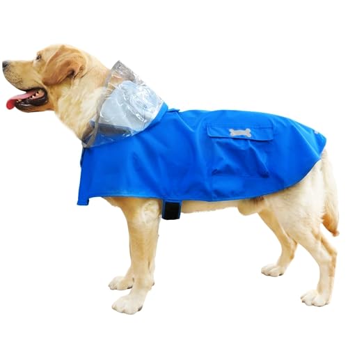 MAMORE Hunde-Regenmantel mit Kapuze, wasserdicht, für große Hunde, leichte Regenjacke mit Loch für die Leine für kleine bis 2XL, Blau, Größe 4XL von MAMORE