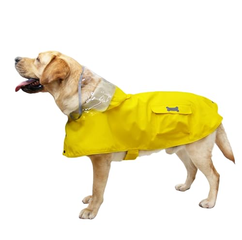 MAMORE Hunde-Regenmantel mit Kapuze, wasserdicht, für große Hunde, leichte Regenjacke mit Loch für die Leine für kleine bis 2XL, Gelb, Größe XL von MAMORE