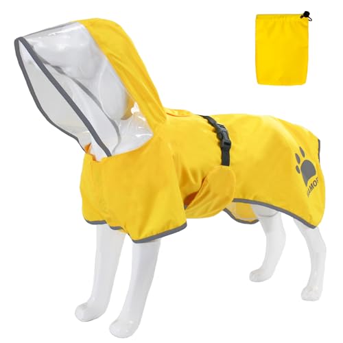 MAMORE Hunde-Regenmantel mit Kapuze für kleine, mittelgroße und große Hunde, zupfender Poncho-Boden, wasserdicht, verstellbar, reflektierend, atmungsaktiv, Loch für die Leine (Gelb, Größe XXL) von MAMORE