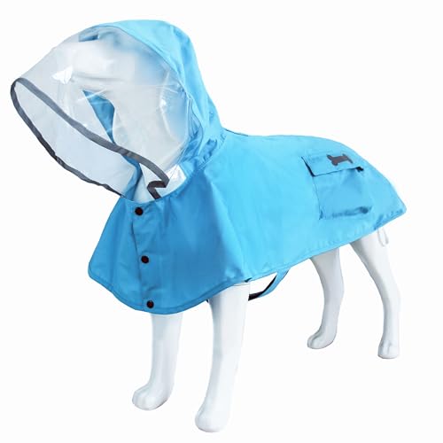 Wasserdichter Hunde-Regenmantel mit Poncho-Kapuzenpullover, hochreflektierend, verstellbar, gelbe Haustier-Regenjacke mit Loch für die Leine für kleine, mittelgroße und große Hunde (Blau, L) von MAMORE