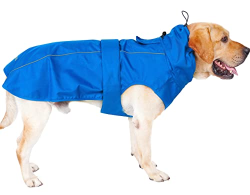 Wasserdichter Hunde-Regenmantel mit reflektierenden Streifen, verstellbare, atmungsaktive Regenjacke mit Loch für die Leine für Haustiere (X-Large, Blau) von MAMORE