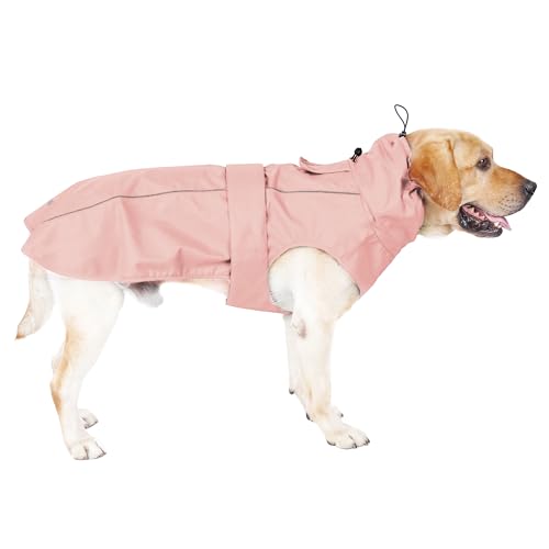 Wasserdichter Hunde-Regenmantel mit reflektierenden Streifen, verstellbare, atmungsaktive Regenjacke mit Loch für die Leine für Haustiere (X-Large, Rosa) von MAMORE