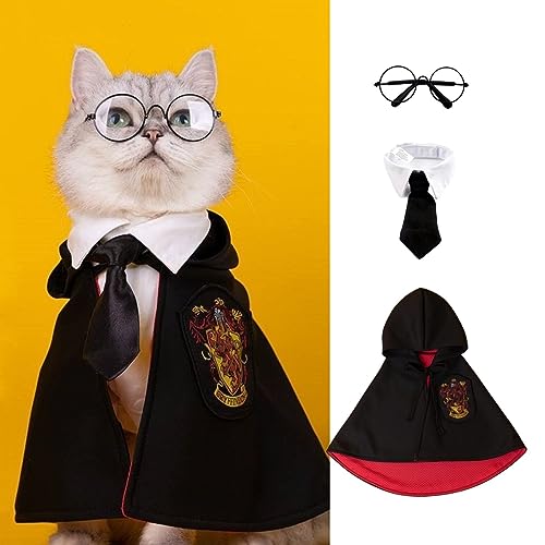 MANON ROSA Halloween-Kostüm für Hunde, Zauberer-Cosplay-Kleid mit Hexenumhang, Fliege, Brille, Haustier-Partykleidung für kleine, mittelgroße und große Hunde, Welpen, Katzen, Rot, Größe M von MANON ROSA