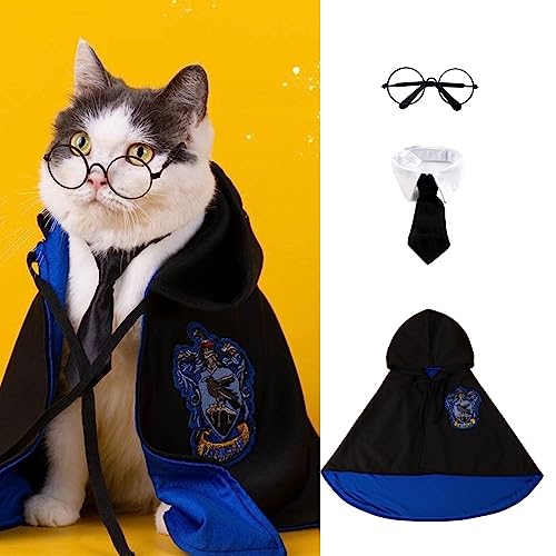 MANON ROSA Katze Halloween Kostüm - Hund Zauberer Cosplay Kleid mit Hexenumhang Fliege Brille - Haustier Party Kleidung für Kleine Mittlere Große Hunde Welpen Katzen Blau Groß von MANON ROSA