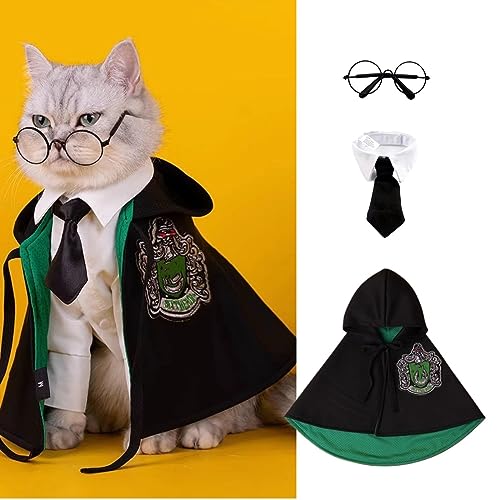 MANON ROSA Katze Halloween Kostüm - Hund Zauberer Cosplay Kleid mit Hexenumhang Fliege Brille - Haustier Party Kleidung für Kleine Mittlere Große Hunde Welpen Katzen Grün Groß von MANON ROSA