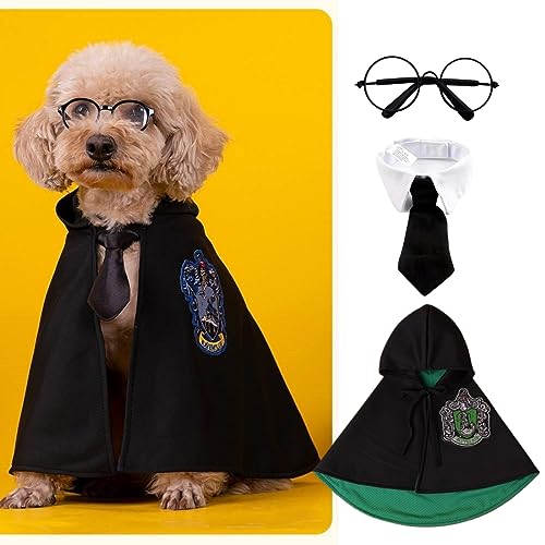 MANON ROSA Halloween-Kostüm für Hunde, Zauberer-Cosplay-Kleid mit Hexenumhang, Fliege, Brille, Haustier-Partykleidung für kleine, mittelgroße und große Hunde, Welpen, Katzen, Grün, Größe S von MANON ROSA