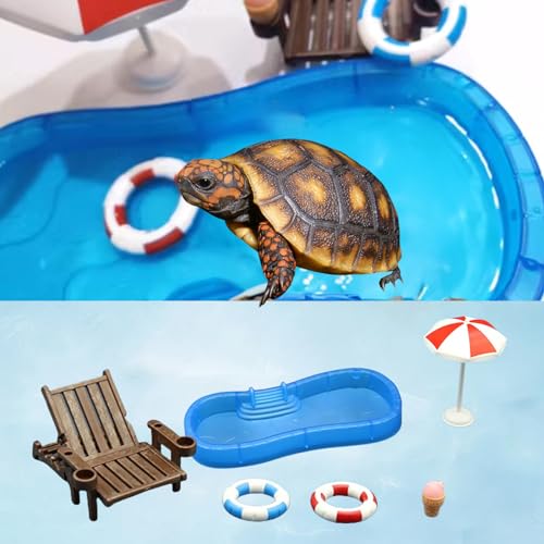 MANON ROSA Schildkrötenbecken Zubehör: Miniatur-Schwimmbad mit Strandkorb, Schwimmring und Puppenhaus-Aquarien, Dekoration für Schildkröte, kleine Fische, Krabben, Frosch von MANON ROSA