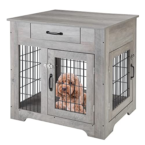 MAROUTE Hundekäfig mit zwei Türen, aus Holz, dekorativer Beistelltisch mit Tablett und Hundebett für mittelgroße und große Hunde, für den Innenbereich von MAROUTE