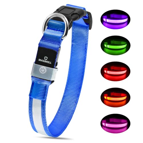 MASBRILL Leuchthalsband Hund, Hundehalsband Leuchtend Aufladbar, LED Halsband für Hunde Leuchtband Einstellbar Wasserdicht mit 3 Lichtmodi Sicherheit für Kleine Mittlere Große Hunde, Blau L von MASBRILL