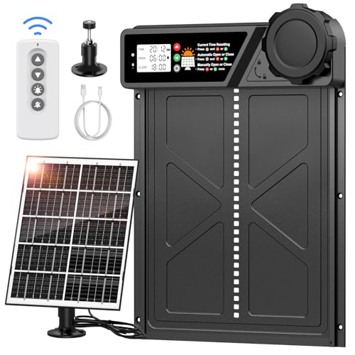 MASTERFUN Große Automatische Hühnerklappe Solar, Aluminum Hühnerklappe Automatisch mit Großes Display, Timer, Fernbedienung, Intelligenter Einklemmschutz Elektrische Hühnerklappe Hühnertür von MASTERFUN