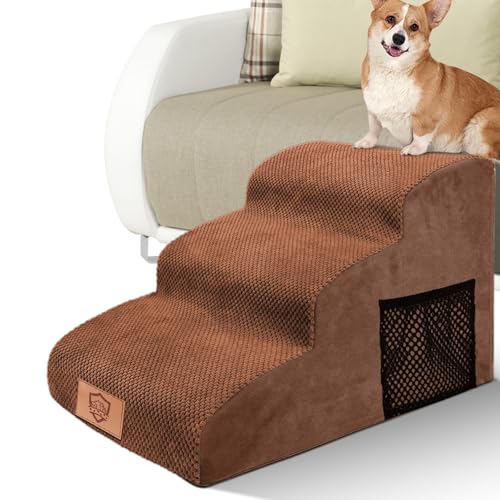 MASTERTOP Haustiertreppe für kleine Hunde, 3 Stufen Hundetreppe aus Hochdichter Schwamm für Sofa Betten, Leiter Haustierleiter, tragbar, abnehmbar, waschbar-Send 1 Fusselrolle von MASTERTOP