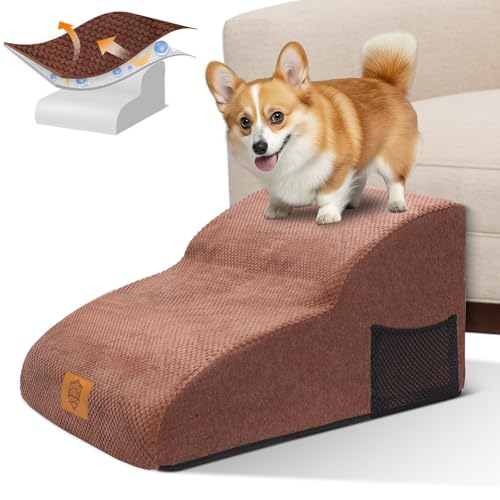 MASTERTOP Hundetreppe 2 Stufen- Breiter Hunderampe Katzentreppe, Hochdichtem Schaumstoff Haustiertreppe für Kleinen Hund Teddy-Braun von MASTERTOP